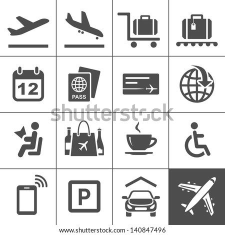 Airport icon set. Universal airport and air travel icons. Simplus series. Vector illustration