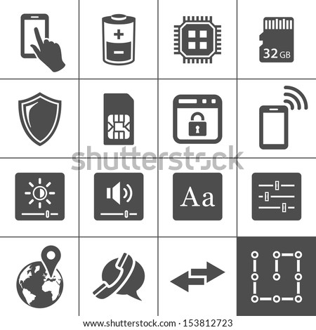 Mobile device settings icons. Tablet PC and smart phone control buttons. Simplus series. Vector illustration