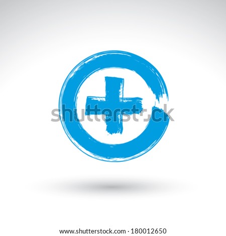 Hand drawn validation icon scanned and vectorized, brush drawing plus sign, hand-painted navigation symbol isolated on white background.