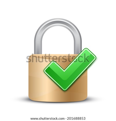 Complete protection sign. Security Concept. Vector illustration of padlock and green check mark