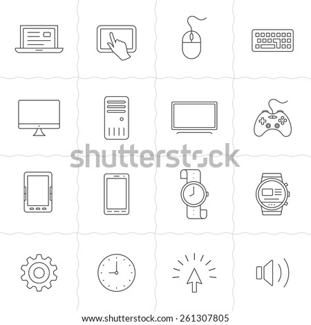 Gadgets linear icon set. Electronic gadgets and computer devices. Simple outlined icons. Linear style
