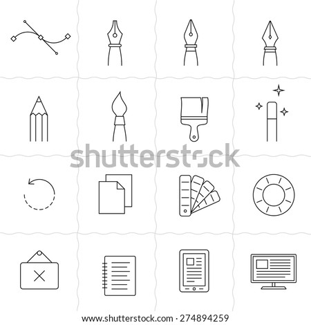 Designer tools II. Vector icons of drawing and painting tools. Simple outlined icons. Linear style