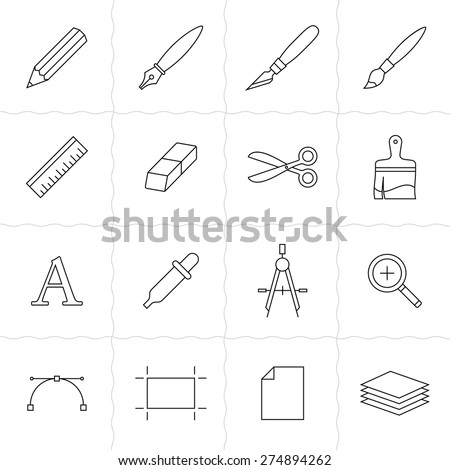 Designer tools I. Vector icons of drawing and painting tools. Simple outlined icons. Linear style
