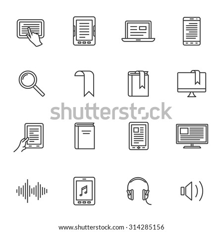 Electronic and audio book icons. Outlined electronic devices icons. Linear style