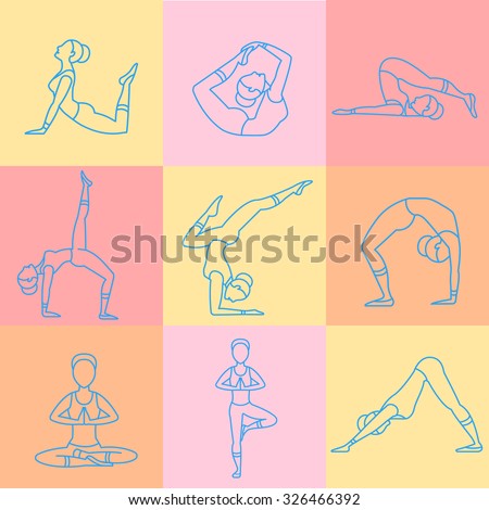 Woman in yoga poses and fitness. Line style vector illustration