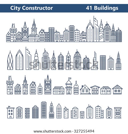 City Constructor. City skyline and 41 buildings. Collection of building icons in liner style