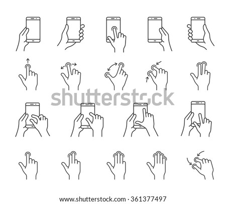 Gesture icons for smartphones. Linear icons for a mobile app user interface or manual. Simple outlined vector icons