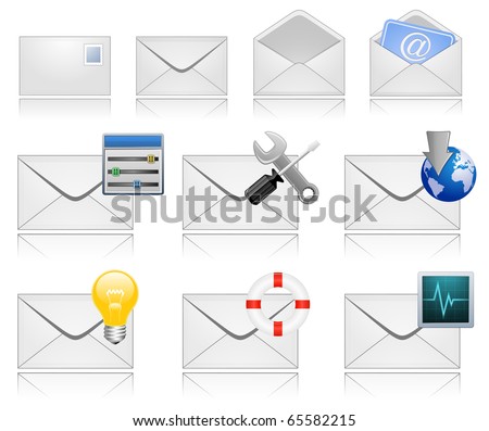Mail Marketing Icon Set. Mail Envelopes with Reflection.
