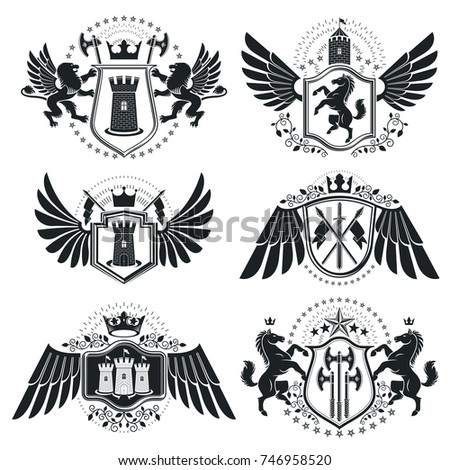 Heraldic signs, elements, heraldry emblems, insignias, signs, vectors. Classy high quality symbolic illustrations collection, vector set.