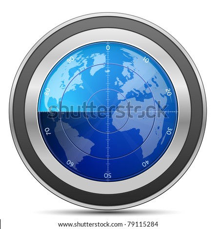 Radar. Oscilloscope monitor with a world map. Vector Illustration