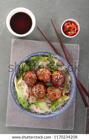 traditional chinese yuksum balls with noodles