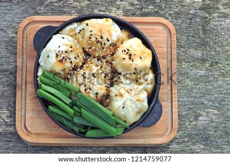 Chinese dumplings with soy sauce, scallions and sesame in a small cast iron skillet. Dumplings in the Chinese style. Roasted Chinese Dumplings.