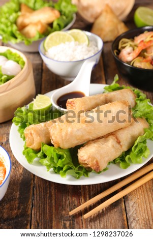 spring roll, soy sauce and asian cuisine