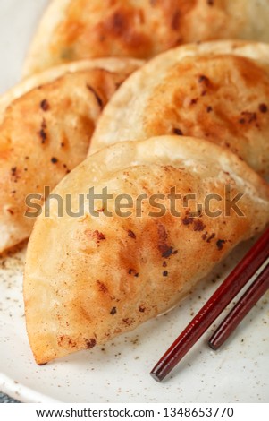 Fried dumplings with meat (beef, pork) or seafood, cabbage and spices in a white plate close-up.  Traditional Asian food. The Japanese  gyoza, Chinese dim sums. Selective focus