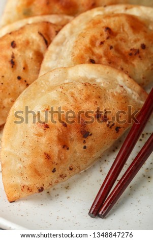 Fried dumplings with meat (beef, pork) or seafood, cabbage and spices in a white plate close-up.  Traditional Asian food. The Japanese  gyoza, Chinese dim sums. Selective focus