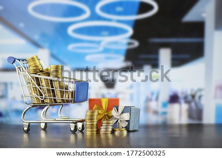 Background shopping trolley. Concept of shopping for groceries things. Weekend shop.