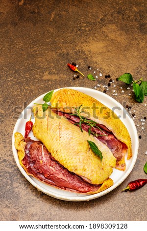 Raw duck breasts with fresh greens and fragrant spices. Poultry meat, natural BIO product, domestic fowl. Stone concrete background, top view
