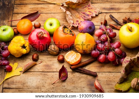 Assortment of fruits,grapes and nuts.Autumn fruits.Autumn seasonal harvest Stockfoto © 