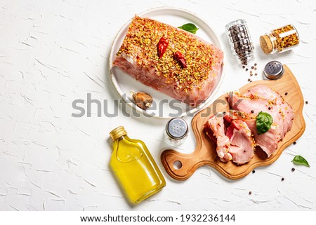 Assorted raw organic meat. Pork fillet and steaks for grilling, baking, or frying. Flakes spices and oil on a white putty background, copy space