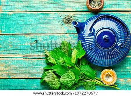 Teapot and cups with nettle herbal tea.Herbal medicine,homeopathy