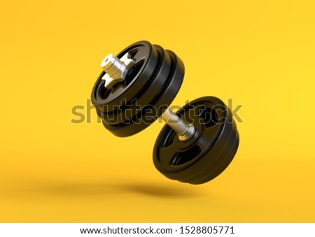 Dumbbell with black plates levitating in air on bright yellow background. Front view with copy space. Creative concept. 3d rendering illustration
 Photo stock © 