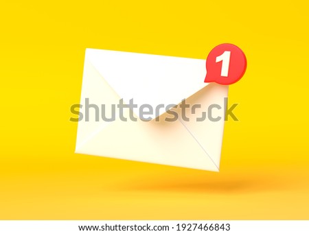 White mail envelope with red marker message on yellow background. Envelope falling on the ground. Email notification. Minimal design. 3D rendering, 3D illustration