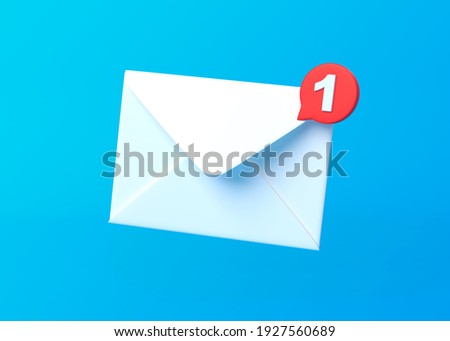 White mail envelope with red marker message on blue background. Envelope falling on the ground. Email notification. Minimal design. 3D rendering illustration