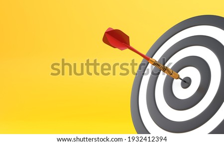 Dart hitting a target on the center on yellow background with copy space. Minimal concept. 3d render illustration