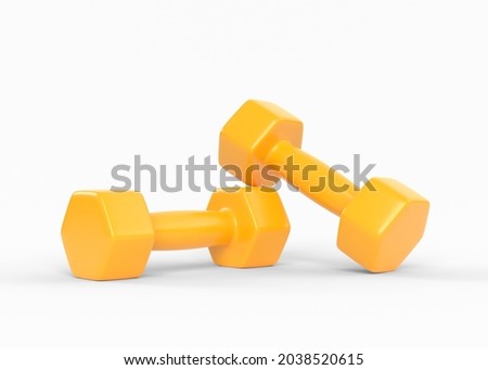 Two yellow rubber or plastic coated fitness dumbbells isolated on white background. Sport equipment. 3D render illustration Photo stock © 