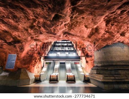 STOCKHOLM, SWEDEN - MAY 01, 2015: Interior of Radhuset metro station in Stockholm, Sweden. The station is one of the most famous in Stockholm underground and attracts thousands of tourists
