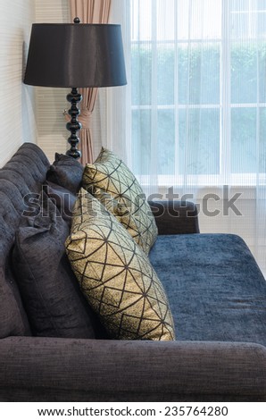 gold pillow on black sofa with black lamp at home