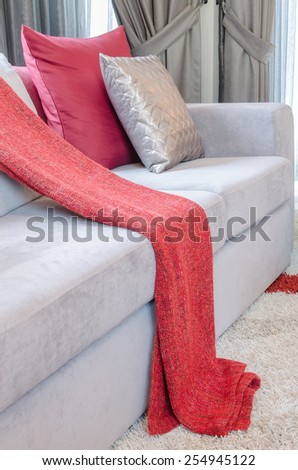 luxury sofa with pillows and red blanket in living room at home