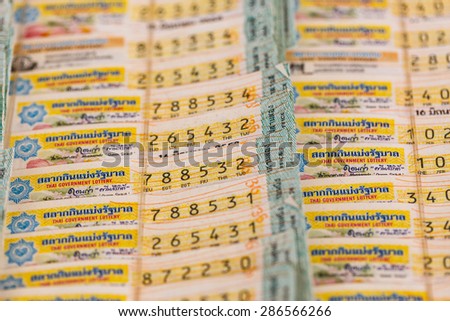 CHONBURI, THAILAND - JUNE 12, 2015: Thai government lottery in Sattahip market .The government Thai lottery was start controlled price at eighty baht in June 2015