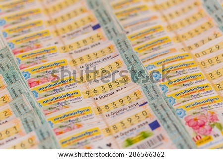 CHONBURI, THAILAND - JUNE 12, 2015: Thai government lottery in Sattahip market .The government Thai lottery was start controlled price at eighty baht in June 2015