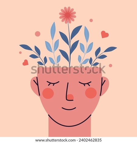 Head with growing flowers. Mental health. Harmony and happiness. Healthy mentality and self care