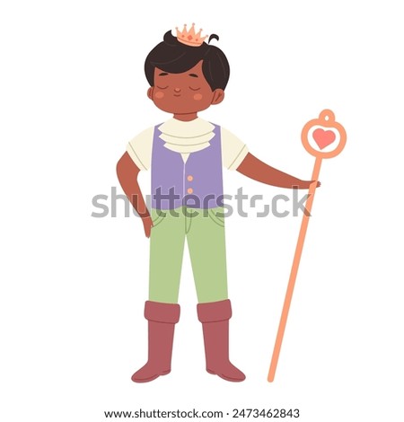 Childrens fantasy character. Indian prince with crown and staff isolated on white background