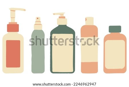 Set of skincare isolated objects: bottles with dispenser for lotion, foam, cream, liquid soap, etc. Hand-drawn cosmetic product pack with lettering. Flat vector illustration