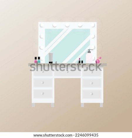 white Dressing table with mirror, cosmetics and perfume vector illustration in flat style