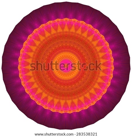 Geometric Decorative Ornament.\
Multicolored ornamental pattern in round shape.\
Image shows rich vibrant purple, magenta, red and orange colors. Image contains a lot of details even at full zoom.