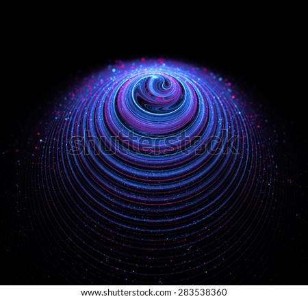 Abstract shape with multicolored bright spots of dust. Surface of the cone is twisted like a swirl. The bright accent in the apex of the cone. The main colors of the image is a cold blue and purple.