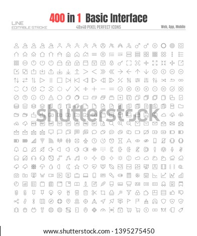 48x48 Pixels Perfect User Interface Basic Simple Set Thin Line Icons. People User Profile, Message, Document file, Call, Music, Camera, Arrow, Chat, Button, Shop, Home, App, Web, etc. Editable Stroke 