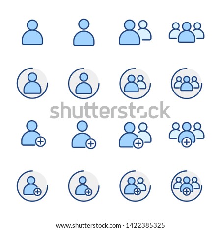 Simple Set of Business People Vector fiiled blue color Icons with round. Contains such as teamwork, group of people, colleague, positive, add, increase, Member, bossted, and more. illustration eps 10