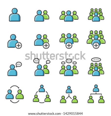 Simple Set of Business People Related Vector flat green blue filled color outline Icons. Contains such as Meeting, Business Communication, Teamwork, connection, speaking and more. illustration