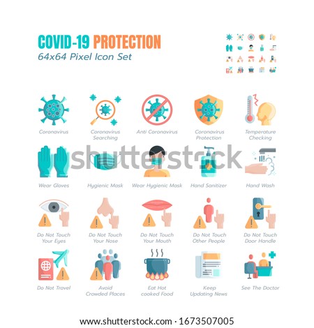 Simple Set of Covid-19 Protection Flat Icons. Icons as Guidance Protective Measures, Coronavirus Prevention, Hygienic Healthcare, Solution, Awareness, Hands Wash, Wear Face Mask etc. 64x64 Pixel