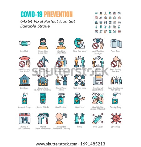 Simple Set of Coronavirus Prevention COVID-19 Filled Line Icons. such Icons as Gloves, Mask, Social Distancing, Stay Home, Quarantine, Avoid Close Contact 64x64 Pixel Perfect Editable Stroke. Vector.