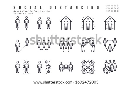 Simple Set of Social Distancing, Coronavirus Disease 2019 Covid-19 Line Icons such Icons as Stay Home, Quarantine, Work from Home, Avoid Crowded Place. 64x64 Pixel Perfect Editable Stroke Vector.