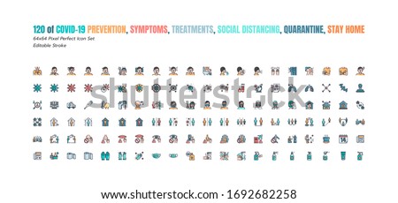 Simple Set of Covid-19 Prevention Filled Outline Icons. such Icons as Protective, Coronavirus, Social Distancing, Symptoms, Quarantine, Stay at Home, Hand Washing 64x64 Pixel Perfect. Editable Stroke.