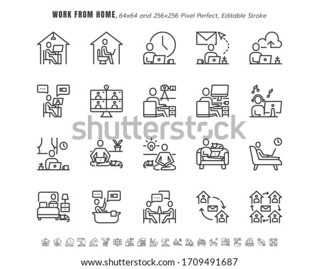 Simple Set of Stay and Work from Home in Coronavirus 2019 or Covid-19 Crisis.  Such as Working in Living Room, Teleworking, Thin Line Outline Icons Vector. 64x64 Pixel Perfect. Editable Stroke.
