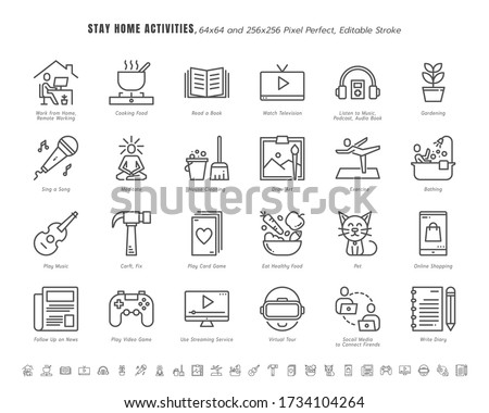 Simple Set of Stay Home Activities for Mental Health During Coronavirus, Covid-19 Crisis Related. Such as News Update, Cooking, Game. Line Outline Icons Vector. 64x64 Pixel Perfect. Editable Stroke.