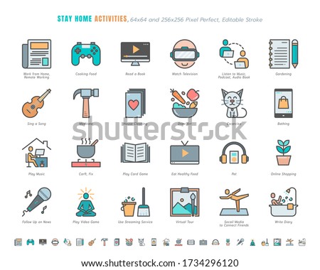 Simple Set of Stay Home Activities for Mental Health During Coronavirus, Covid-19 Crisis Related. Such as News Update, Cooking, Game. Filled Outline Icons Vector. 64x64 Pixel Perfect. Editable Stroke.